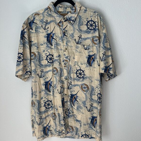 Clearwater Outfitters Other - Clearwater Outfitters Mens Xl Beige/Blue nautical Button Down Short Sleeve Shirt